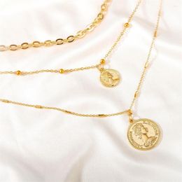 Vintage Gold gold coin pendant necklace with Three Layers for Women - Head Portrait Coin Design - Perfect for Leisure and Beach Wear