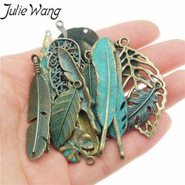 Julie Wang 14pcs Leaves Feather Charms Alloy Antique Bronze Random Mixed Pendants Necklace Findings Jewellery Making Accessories