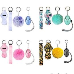 Keychains Lanyards 4 Piece T Fashion Defence Set Pompom Alarm Keychain Lipstick Holder And Wristband For Woman Men Selfdefense Key Dh1Zr