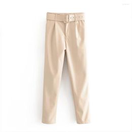 Women's Suits 2023 Women Fashion With Belt Side Pockets Faux Leather Pants Vintage High Waist Zipper Female