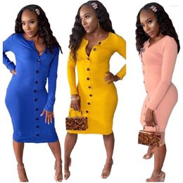 Casual Dresses Solid Knit Rib Long Dress For Women Sexy Button V Neck Sleeve Skinny Club Party Robe Femme Basic