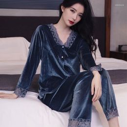 Women's Sleepwear Nightwear 2PCS Pjs Sleep Set Women Lace V-Neck Pyjamas Suit Velour Home Clothes Long Sleeve With Trousers Lingerie