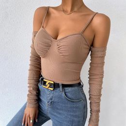 Women's Tanks Sexy V Neck Wrap Chest Rib Knitted Tank Top With Long Sleeves Halter Crop Tops Women Camisole Female Sleeveless Cropped Vest