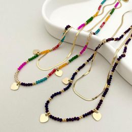 Chains Bohemian Heart Shaped Pendant Colourful Handmade Beaded 14K Gold Titanium Steel Double Layer Blade Necklace