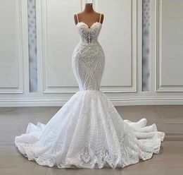 Luxury Mermaid Wedding Dress 2023 Beading Pearls Spaghetti Strap Appliques Lace Bridal Formal Gowns Sexy Vestidos De Noiva