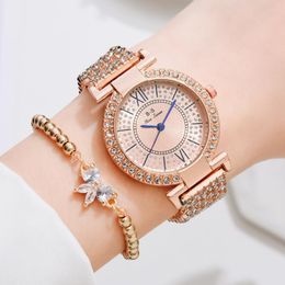 Wristwatches Luxury Watch For Women Rose Gold Rhinestone Ladies Quartz Wristwatch Elegant Diamond Female Bracelet Watches Set