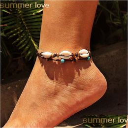 Anklets New Fashion Shell Pendant Anklet For Women Girl Wood Bead Wax Rope Adjustable Bracelets Summer Beach Jewellery Drop Delivery Dhv7Q