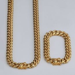 18K Gold Plated Men's Miami Cuban Link Bracelet&Chain Set Stainless Steel 14mm