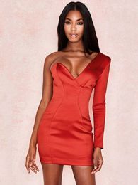 Casual Dresses 2023 Fashion One Sleeve Black Red Dress Celebrity Party Deep V Neck Bodycon Woman Mini Length Sexy Clubwear