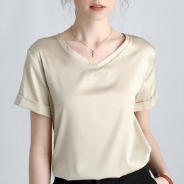 Women's Blouses High-end V-neck Heavy Silk Short-sleeved T-shirt Women's Summer 2023 Mulberry Outer Wear All-match Top