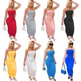 Womens Sexy Dress Solid Color Girls Long Dress Fashion Wholesale Bodysuits Tight-fitting Tube Top High Stretch Dress
