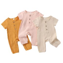 Rompers Infant Baby Girls Boys Romper Solid Colour Short Sleeve Jumpsuits Summer Buttons Casual Cotton Linen Clothes 230525