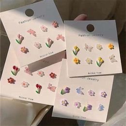AOMU 8PCS/SET Cute Romantic Colourful Acrylic Butterfly Flower Earrings Irregular Geometric Mini Studs Earrings for Women Jewellery