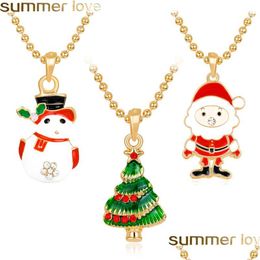 Pendant Necklaces Christmas Necklace Tree Rhinestone Enamel For Women Kids White Snowman Santa Claus Charms Gold Colour Gift Drop Del Dhz6R