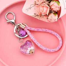 Keychains Trendy Crystal Glass Heart Keychain Women Dry Flower Key Chain Rope Lanyard Bell Bag Charms Pendant Car Keyring Jewelry