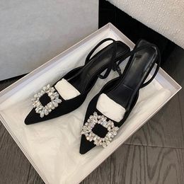 Sandals Square Crystal Buckle High Heels Women Pleated Cloth Rhinestone Wedding Shoes Kitten Heel Backsling Sandalias Mujer 2023