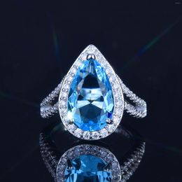 Cluster Rings Engagement Double-Layer Blue Zircon Water Drop Pear-Shaped Santa Maria Aquamarine Ring Female Proposal Jewellery Gift