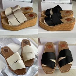 Beach Women Slippers Woody Mules Sole Slipper Sandals Cross Band Leather Canvas Ladies Slides White Beige Designer Flip Flops Leather Slippers NO290