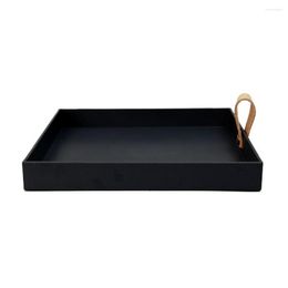 Storage Bottles Creative Square PU Leather Serving Tray Decorative Dish Cosmetics Sundries Desktop Plate With Handle(Black)