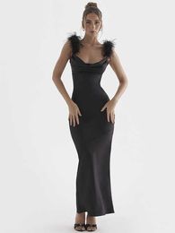 Formal Occasion Dresses For Women Runway Party Rave Outfits Luxury Feathers Strap Double Layered Satin Black Dress 2023