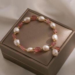 Charm Bracelets Trendy Natural Stone Strawberry Crystal 7-8mm Freshwater Pearl Bracelet 18cm Length Stretchable Flexiable Beads Handmade