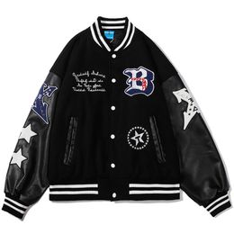 Men's Jackets Letter B Embroidery Baseball Jacket 2023 Single-breasted Biker Punk Harajuku Varsity Hip Hop Leather Sleeve Bomber