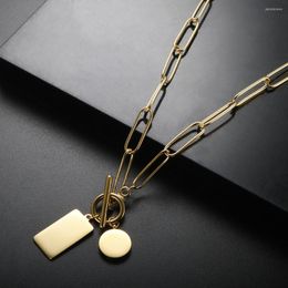 Pendant Necklaces Fashion Rectangle Round Disc Necklace Stainless Steel Paperclip Chain Ot Buckle Choker for Women Couple Charm Jewelry