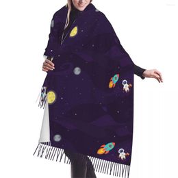 Scarves Autumn Warm Space Astronaut Rocket Spaceship Moon Planets Stars Shawl Tassel Wrap Neck Headband Hijabs Stole