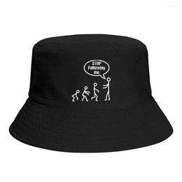 Berets Stop Following Me Funny Stick Figures Evolution Bucket Hat For Women Men Students Foldable Bob Fisherman Hats Panama Cap