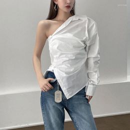 Women's Blouses JulyPalette 2023 Oblique Shoulder Blouse For Women Streetwear White Irregular Button Long Sleeve Shirt Tops Female Clothes