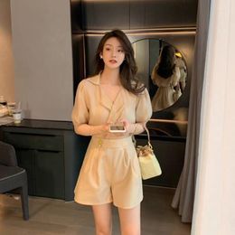 Work Dresses 2023 Spring And Summer Hong Kong Style Retro Chic Age Reduction Fashion Short-sleeved Two Pieces Of Shorts Suit Female Y2K