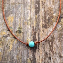 Pendant Necklaces CHOKER NECKLACE Stone Short Collar | Turquoise Crystal Beaded Cowgirl Surfer Women's Boho Bohemian Brown Leather