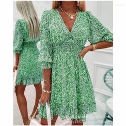 Casual Dresses Women Summer Bohemian Dress Floral Print Short Puff Sleeve High Waist Corset Ruffle Hem Shirred Boho Vacation