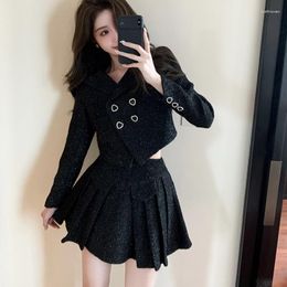 Work Dresses Autumn Winter Small Fragrant Tweed Skirt Suit For Women Double-Breasted Short Coat Pleated Mini Skirts Sweet 2 Piece Set