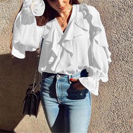 Women's Blouses Women Oversized White Shirts Ruffles V Neck Blouse Elegant Puff Sleeve Loose Korean Style Summer Office Work Blusa