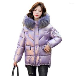 Women's Trench Coats Fashion Big Fur Collar Shiny Down Cotton Padded Jacket Thick Women Parka 2023 Winter Purple Hooded Outwear Female Tops