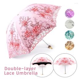 Umbrellas Vintage Embroidered Lace Umbrella Double Layer 3-Folding UV Protection Princess Sweet Pography Props