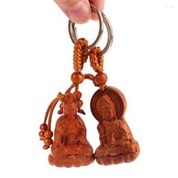 Keychains 1PC Natural Wood Mahogany Three-dimensional Guanyin Barrel Keychain Buddha Key Ring Jewelry Gift For Men And Women