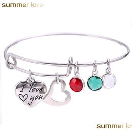 Charm Bracelets Crystal Heart I Love You Mom Bangles High Quality Stainless Steel Expandable Wire Bangle Adjustable Mothers Gift Day Dhjlz