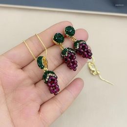 Necklace Earrings Set 2 In 1 Natural Garnet Gemstone Dangle Earring Charm Jewellery For Women Grape Design Rhinestone Crystal18K Gold Colour