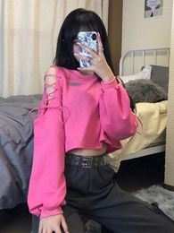 Women's Hoodies Deeptown Y2K Korean Style Oversized Women Harajuku Sexy Hollow Out Sweatshirts Casual Loose Pink Crop Tops Hip Hop Goth