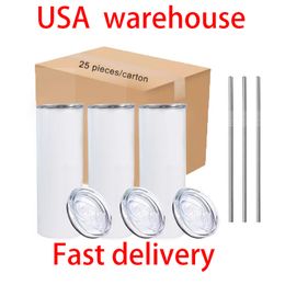 USA Warehouse In Stock 20oz Water Bottles Sublimation Blanks Straight Tumblers Double Walled Stainless Steel Car Mugs With Lid And Plastic Straw ss0526