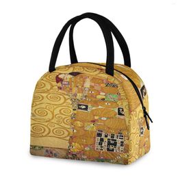 Dinnerware Sets Gold Colour Gustav Klimt Oil Painting Lunch Bag Polyester Waterproof Thermal Tote Meal Picnic Box For Men Women Kids