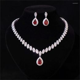 Necklace Earrings Set Grand Water Drop Zircon Bridal Red Gem Wedding Dress Accessories Banquet Jewellery