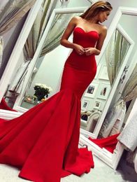 Sexy Red Mermaid Evening Dresses Formal Prom Party Gown Strapless Floor-Length Sweep Train Satin long Backless Plus Size Custom