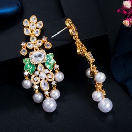 Luxurious Tassel Diamond Earring for Woman Imitation Pearl AAA Cubic Zirconia South American Women Wedding Engagement Gold Designer Earrings Jewelry Gift