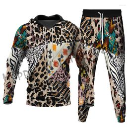 Men's Tracksuits Vintage Leopard Print Men Streetwear Hoodies Trousers Set Fleece Sweatshirt 2 Piece Outfits Autumn Winter Sweatsuit