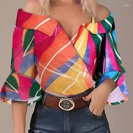 Women's Blouses Fashion Gradient Printed Shirt Spring Butterfly Three Quarter Sleeve Sexy Blouse Off Shoulder Strap Turn Down Collar Tops