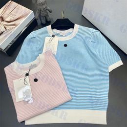 Summer New Striped T Shirt Brand Logo Womens Sweater Tops Thin Knitted Tees Clothing Two Colors