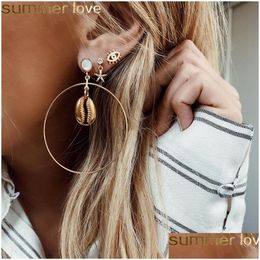 Hoop Huggie 3 Pairs/Set Big Circle Shell Eye Earrings For Woemen And Girls Female Starfish Rhinestone Stud Earring Jewellery Gifts F Dhm9I